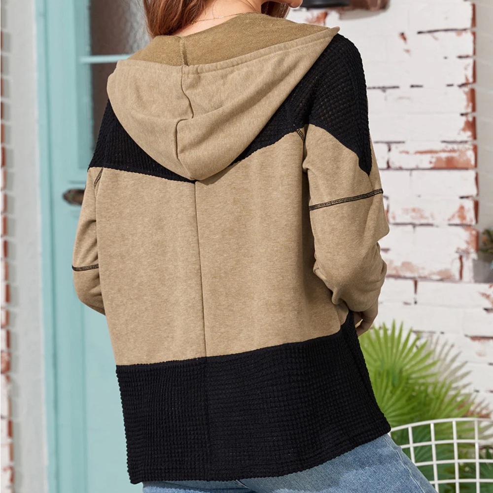 Tan & Black Boho Long Sleeve Full Zip Up Hooded Colorblock Jacket Size L - Picture 2 of 11